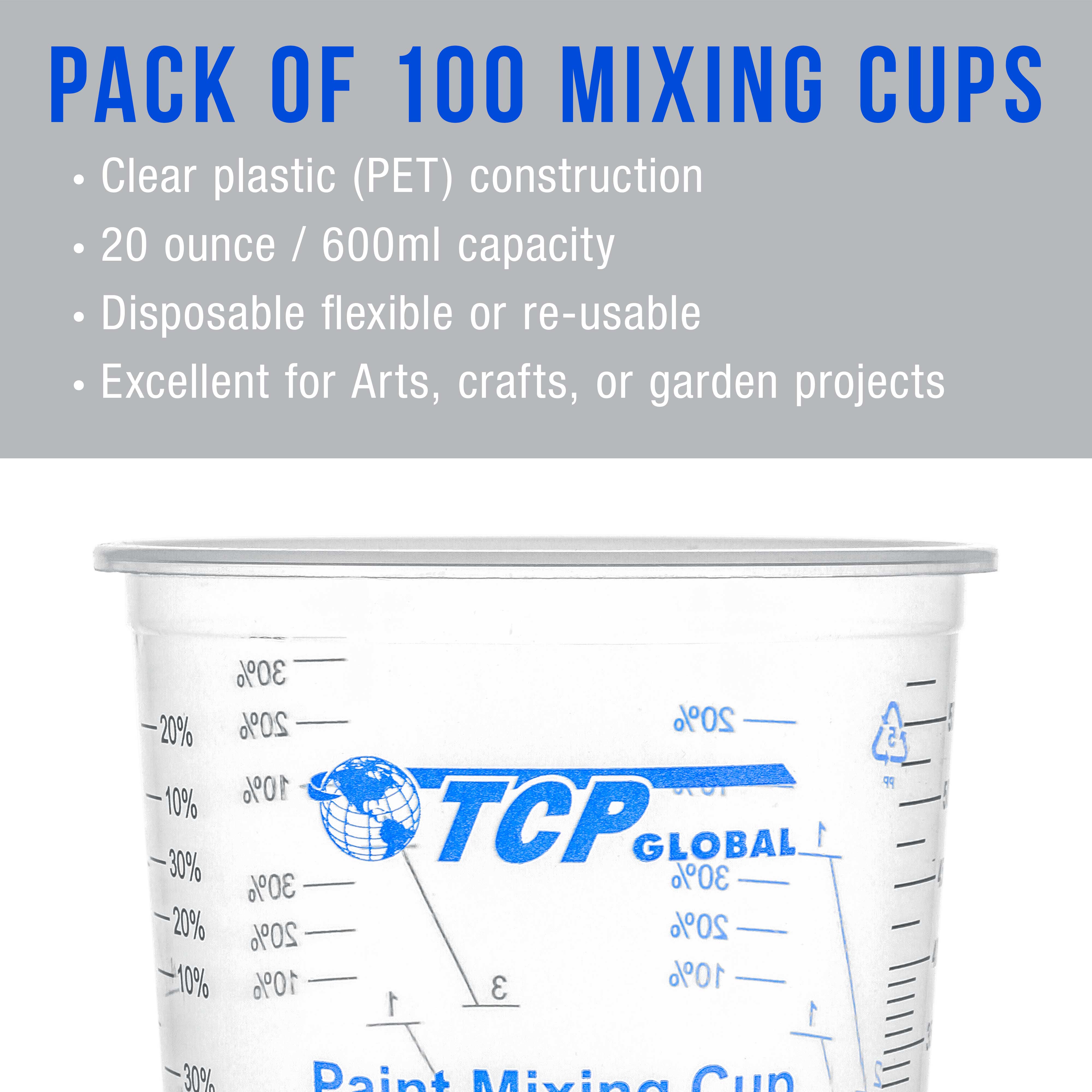TCP Global 20 Ounce (600ml) Disposable Flexible Clear Graduated Plastic Mixing Cups - Box of 100 Cups & 50 Mixing Sticks - Use for Paint, Resin, Epoxy, Art, Kitchen - Measuring Ratios 2-1, 3-1, 4-1 ML - image 4 of 6