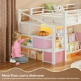thumbnail image 3 of Low Loft Bed with Storage Stairs Drawers & Bookshelf, LED Metal Bed Frame with Charging Station and Under bed Storage White& Pink, 3 of 11