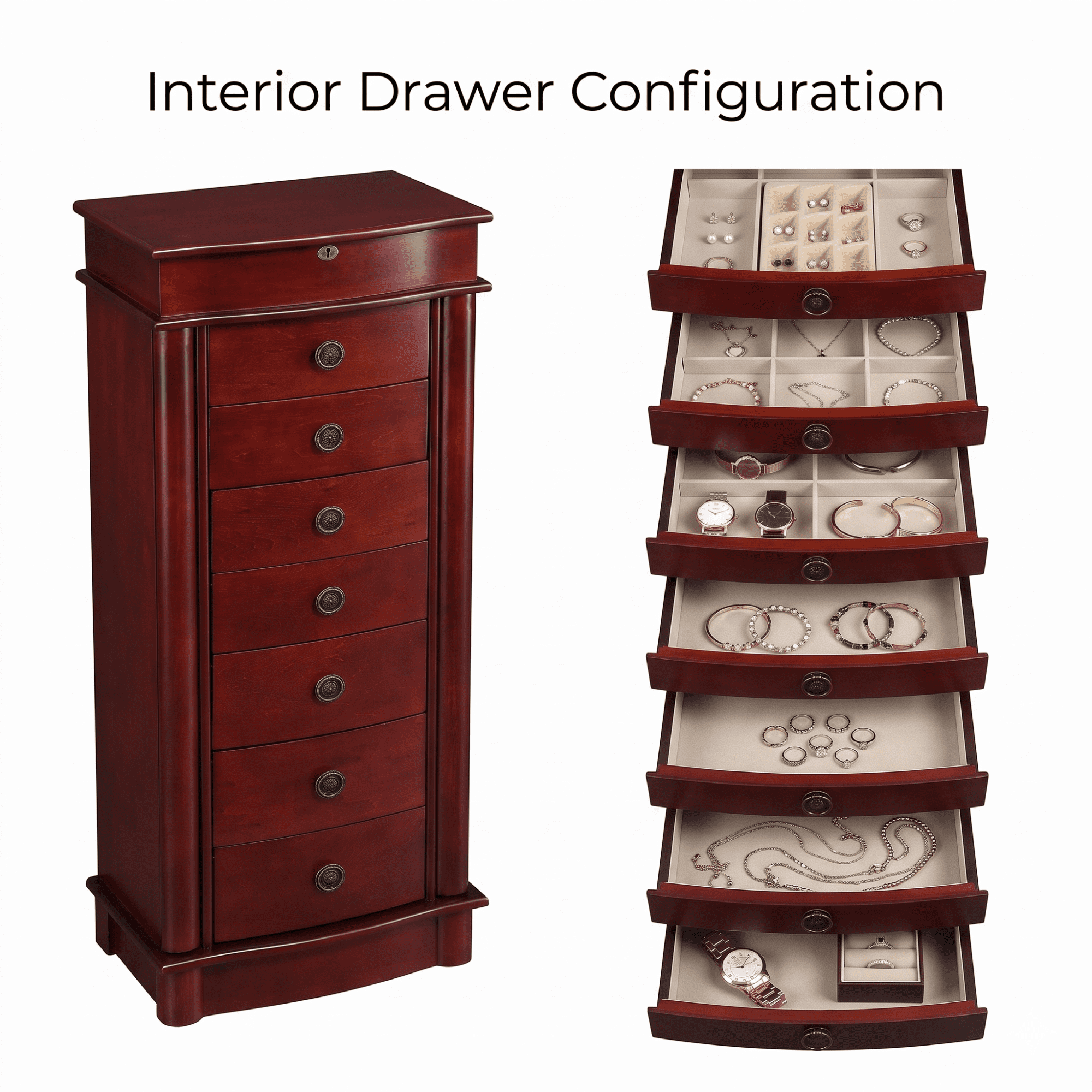 Hives and Honey Nora Traditional Jewelry Armoire with Locking Compartment and Ample Storage, Cherry