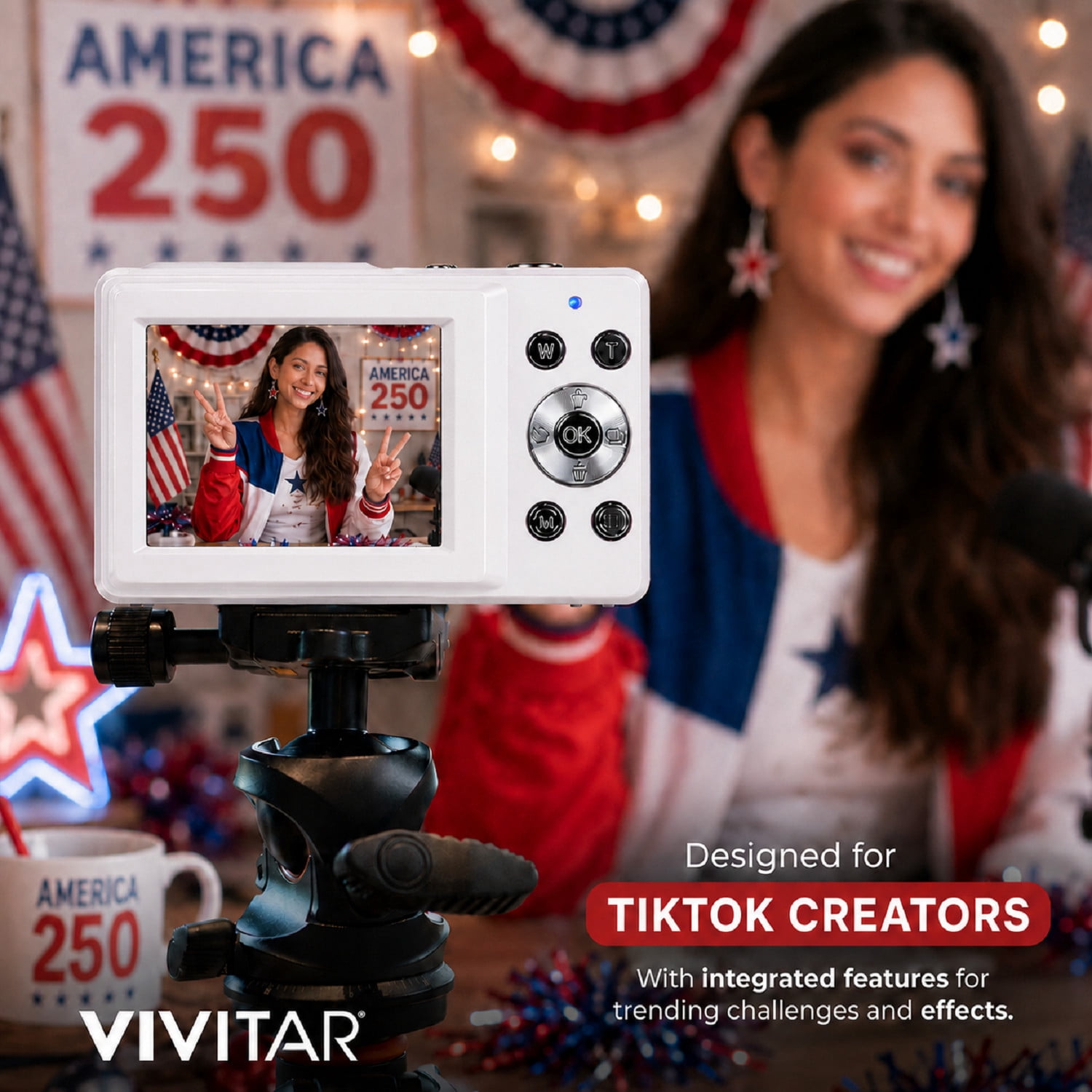 Vivitar PopCam America 250 Digital Camera – USA Celebration Edition, White, 48MP Camera with Full HD 1080P Video, 3" Flip Screen, 16X Zoom Compact Vlogging Camera with Built-in Mic