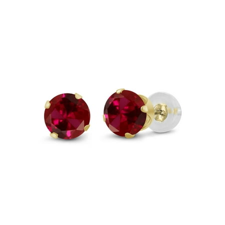 - 0.50 Ct Round 4mm Red Created Ruby 14K Yellow Gold Stud Earrings