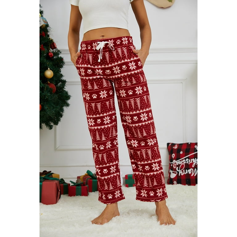 U2SKIIN Women Fleece Pajama Pants, Comfy Plaid PJ Bottoms For Women with  Pockets Soft Warm（Dark red-Christmas tree, Small） 