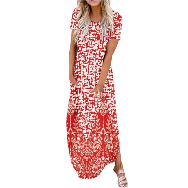 Robes Maxi d'Été pour Femmes Manches Courtes Col Rond Décontracté Coupe Ample Longue Robe de Plage T-Shirts Robe avec Poches