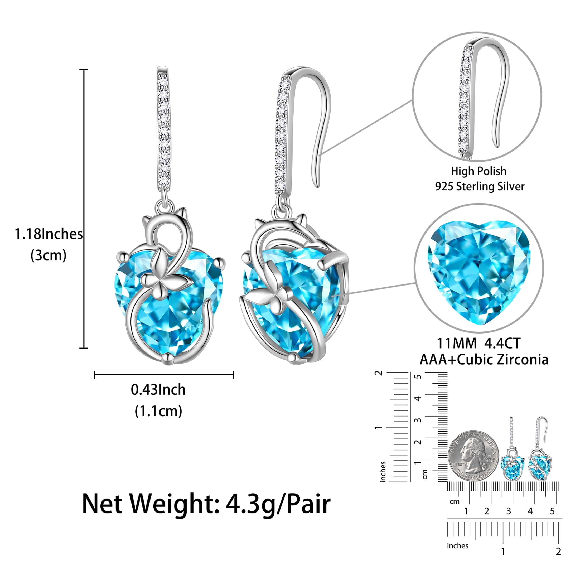 Juwaliy Cat Butterfly Earrings for Women 925 Sterling Silver Earrings Dangle Hook Blue Heart Aquamarine March Birthstone Jewelry Mother Christmas Birthday Valentine's Day Gifts for Mom Wife