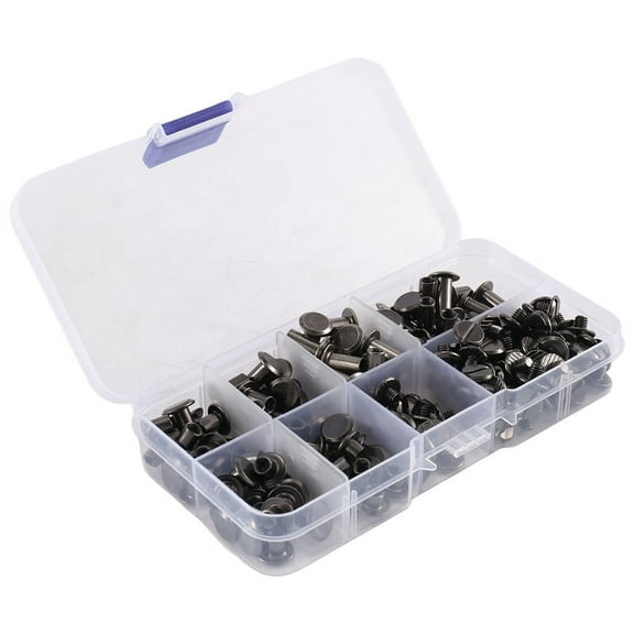90 Sets Chicago Screws Assorted Kit, 6 Sizes of Round Flat Leather Rivets Metal Screw Studs for DIY Leather Craft A
