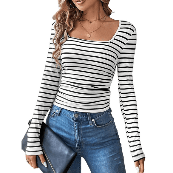 Women's Long Sleeve Square Neck Shirts Casual Slim Fit Rib Knit Tops Summer Fall Business Tee Black & White XL