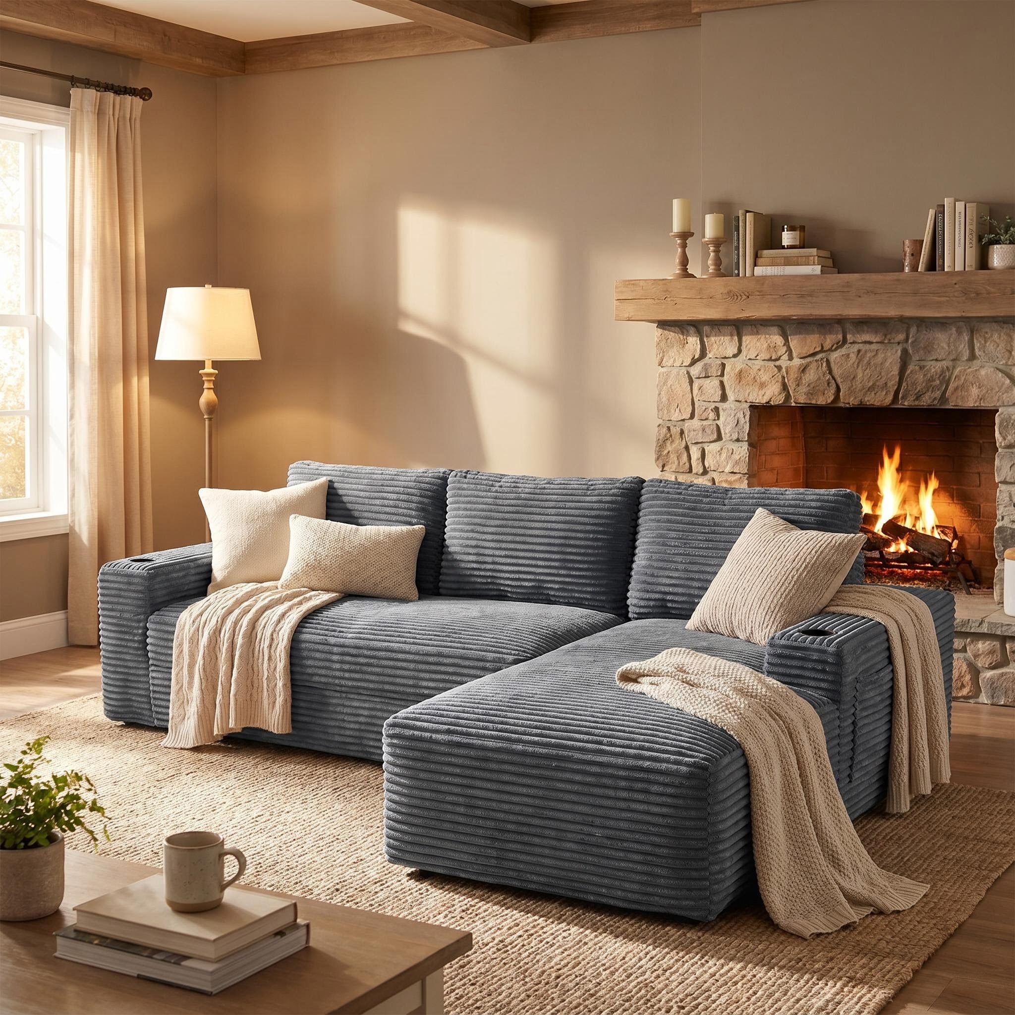 AISWORD 104.3" L-Shaped Modular Sectional Sofa, Corduroy 4-Seater Cloud Couch with Cup Holders & Side Pockets, Boneless Upholstered Sofa, No Assembly, Gray, Right-Facing Chaise