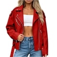 thumbnail image 2 of Blmnix Belted Jackets for Women Trucker Oversized Zip Up Leather Motorcycle Jacket Coat Long Sleeve Red Cocoon Womens Jackets Casual, 2 of 5