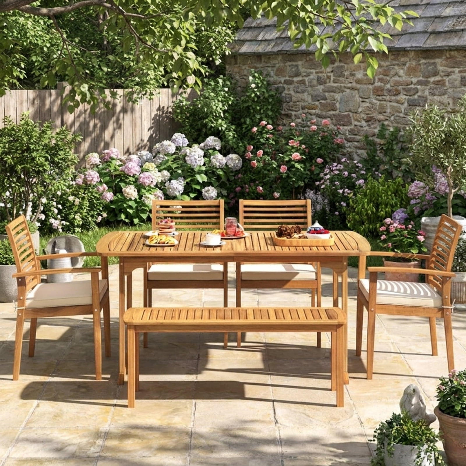 Furnibear Outdoor Patio Dining Chairs Set of 2 Acacia Wood Conversation Chairs with Removable Padded Cushion and Slatted Backrest, Beige