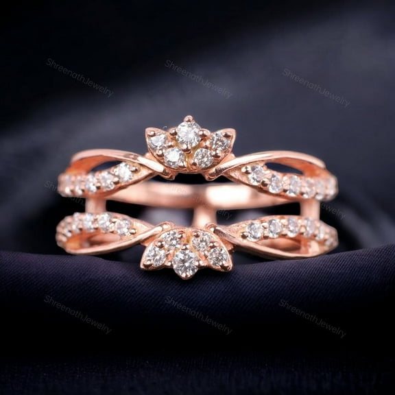 Round Diamond Cluster Ring Enhancer, Rose Gold Over Guard Band, Anniversary Gift For Her Double Jacket Ring Wrap Women Matching Promise Ring