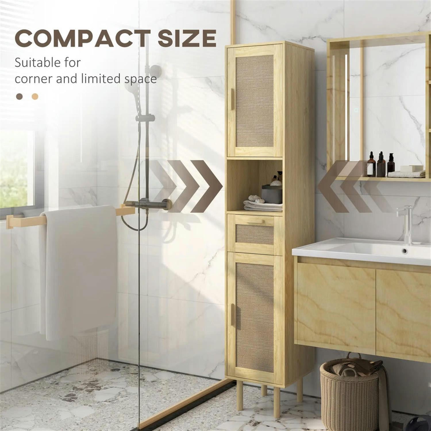 Demi Bonn 67" Tall Bathroom Storage Cabinet, Freestanding Cabinet with Rattan Drawer and Door for Living Room, Kitchen, Dining Room, Office, Beige