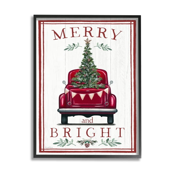 Merry & Bright Christmas Tree In Truck Rustic Botanicals Transportation Graphic Art Framed Art Print Wall Art
