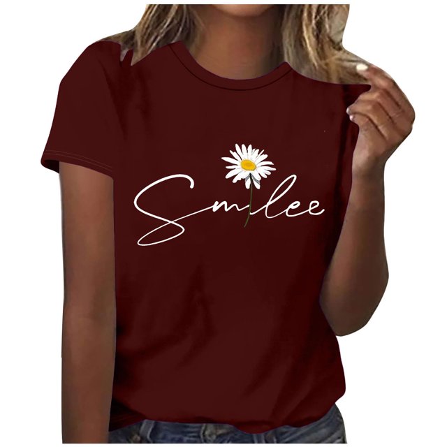 Birdeem Blouses pour Femmes Imprimé Lettres Col Rond Manches Courtes Haut/chemise