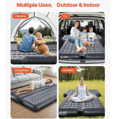 76.8x48.5x5.7 Inch Oxford Fabric Inflatable Car Air Mattress with Built-in Pump Gray No Headrests