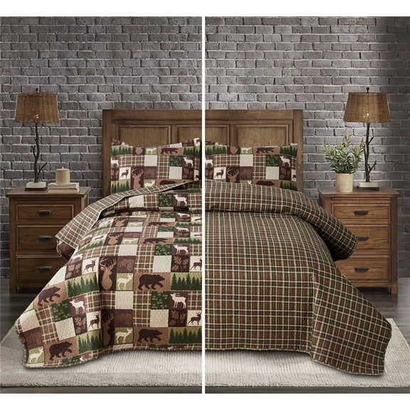 Beartech Quilt Set Queen Size Moose Bear Brown Plaid Quilt Lightweight Reversible Microfiber Bedspread Coverlet Bedding Set