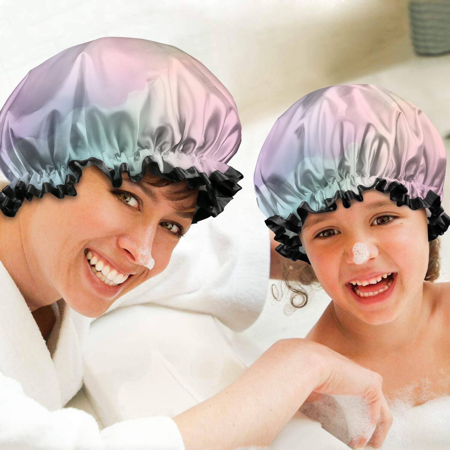 Shower Caps,Dreamy Pastel Sky Waterproof Shower Cap for Women 4 Pieces,Double Reusable Hair Cover for Shower PEVA Elastic Stretch Hem