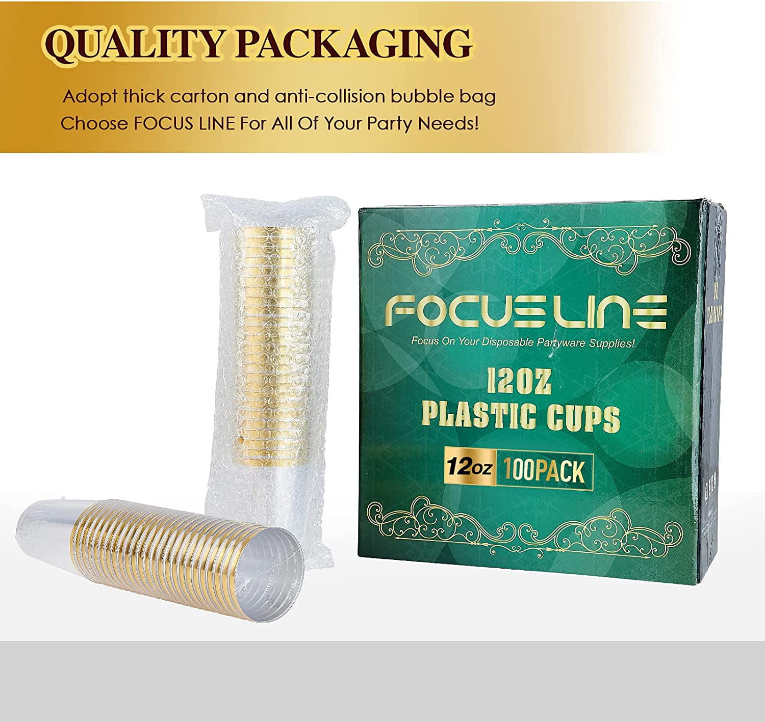 Buy 100 Pack 12 oz Gold Rimmed Plastic Cups, FOCUSLINE Clear Plastic