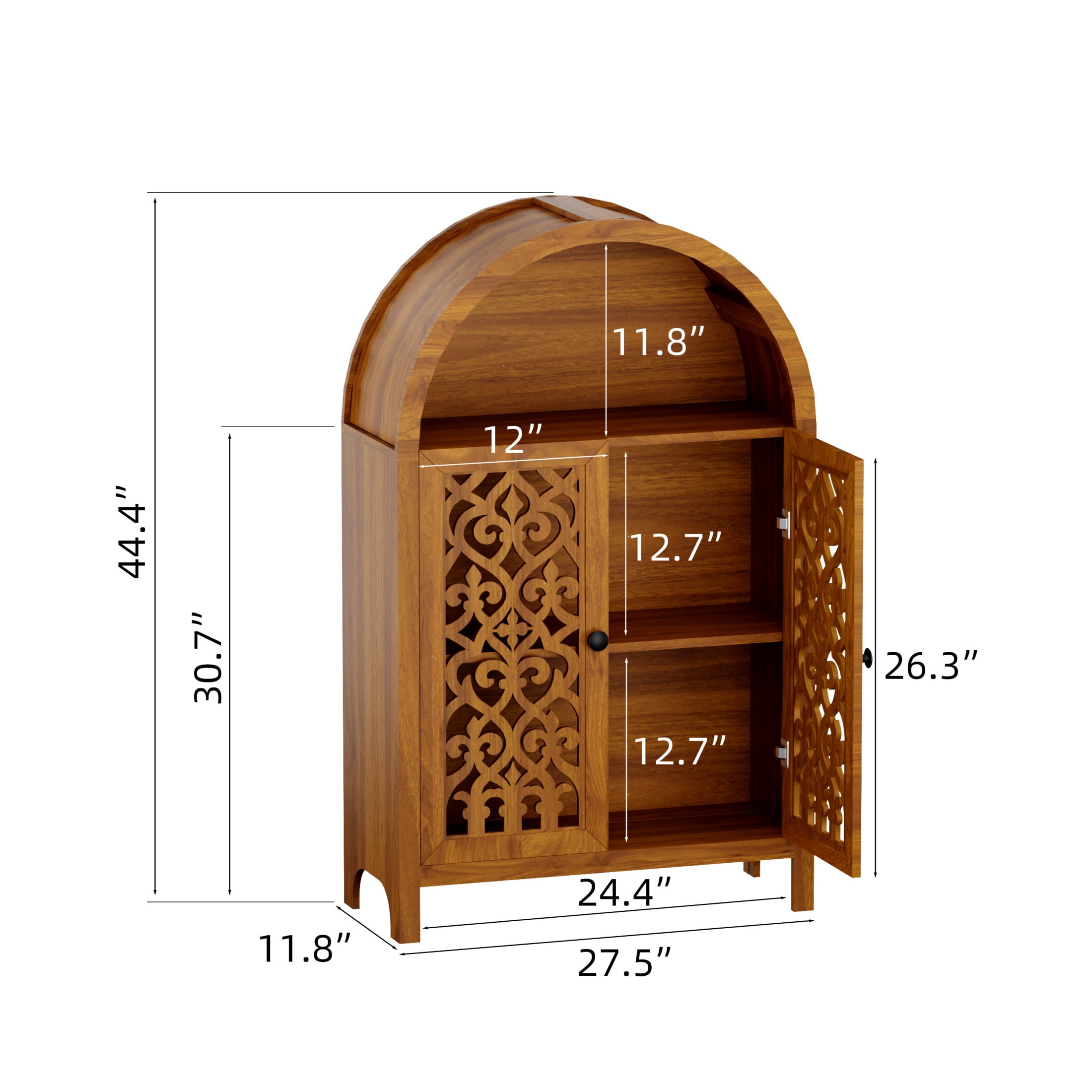 Noble House 44" Hand-Carved Arched Storage Cabinet with 2 Doors and Open Shelf, Walnut