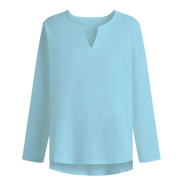 Camisa de algodón y lino con cuello en V y manga larga para hombre - Blusa holgada de color liso - Estilo informal para el día a día, la playa y las vacaciones
