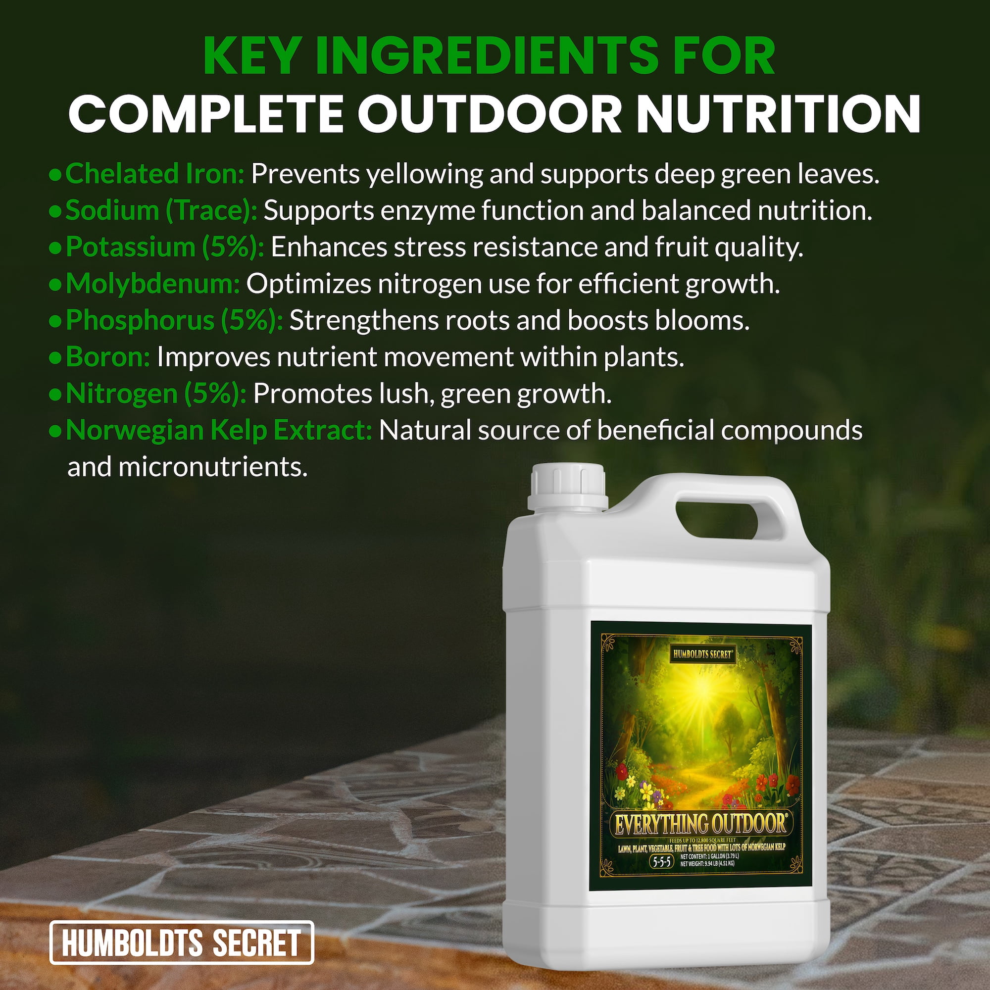 Humboldts Secret Everything Outdoor Plant Food | 5-5-5 Liquid Fertilizer with Norwegian Kelp | All Purpose Lawn, Vegetable & Fruit Food | Garden Nutrients | Refillable Hose End Bottle | 1 Gallon