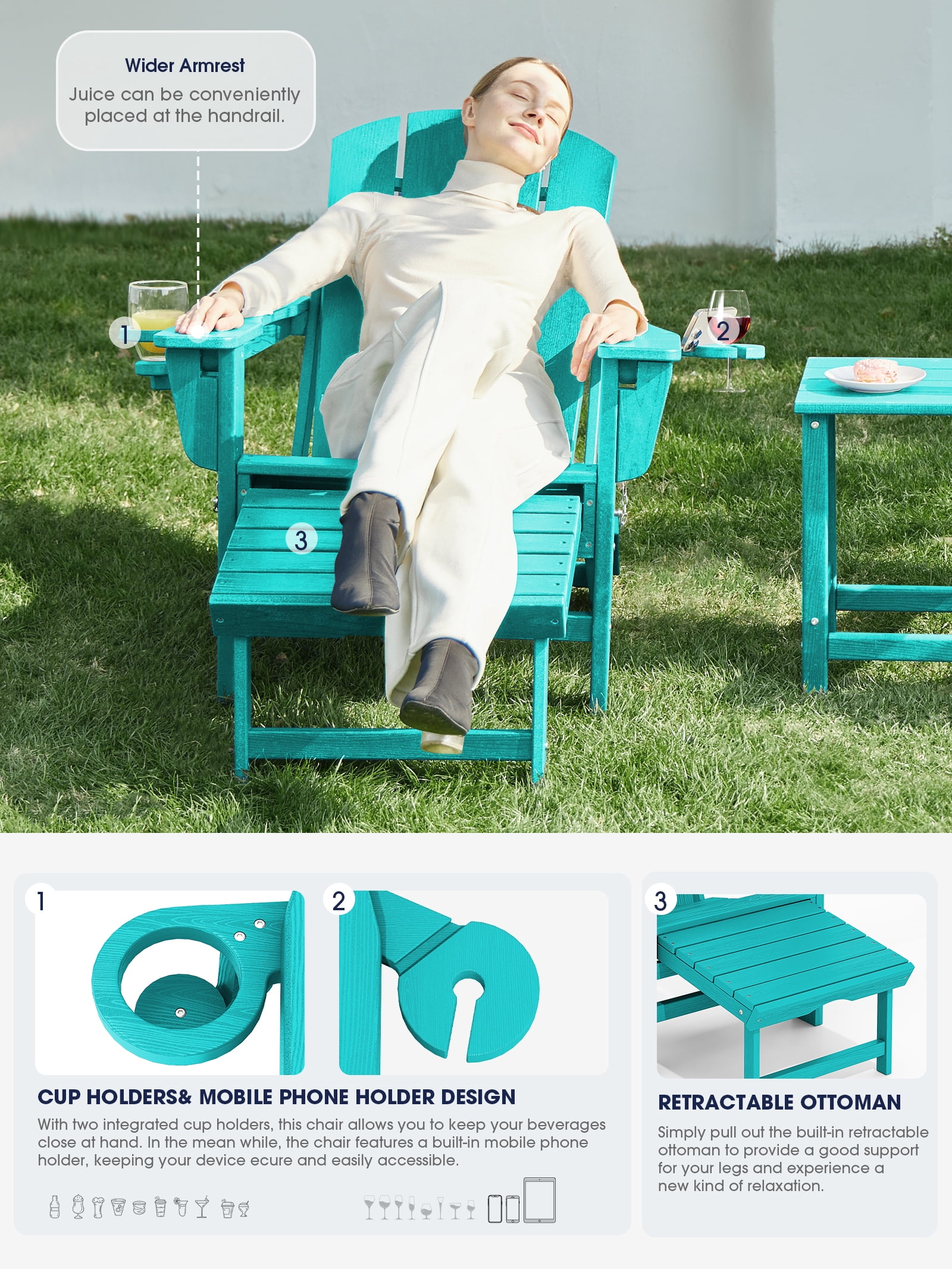 KINGYES Folding Adjustable Adirondack Chairs with Retractable Ottoman Set of 4 for Patio Garden, HDPE Outdoor Patio Chair with Footrest Aruba