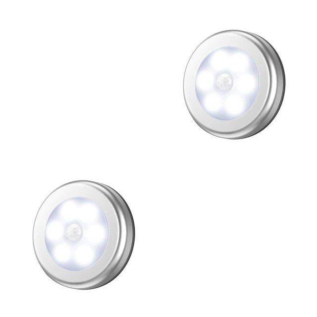 Bewildely 1pc 6LEDs PIR sensor de movimiento luz armario dormitorio lámpara de noche LED debajo del gabinete luz de noche para armario escaleras cocina Concha redonda plateada luz blanca. 2piezas Bewildely CBP051639
