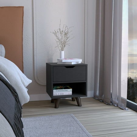 Nightstand with 1 Drawer and Open Storage Shelf Modern Engineered Wood Bedside Table with Sturdy Wooden Legs Black Finish for Bedroom 36.9 Wide Storage Unit for Essentials