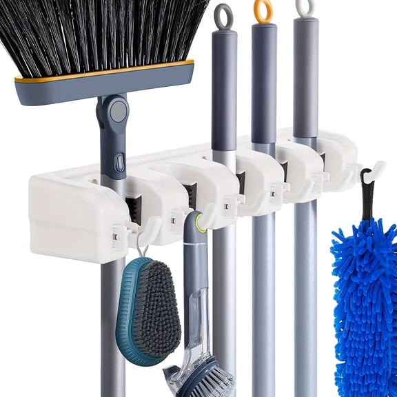 Mop and Broom Holder Wall Mount - Garage Storage Systems with 5 Slots, 6 Hooks, 7.5lbs Capacity Per Slot - Garden Tool Organizer for Home, Kitchen, Closet, Garage, Laundry Room - White