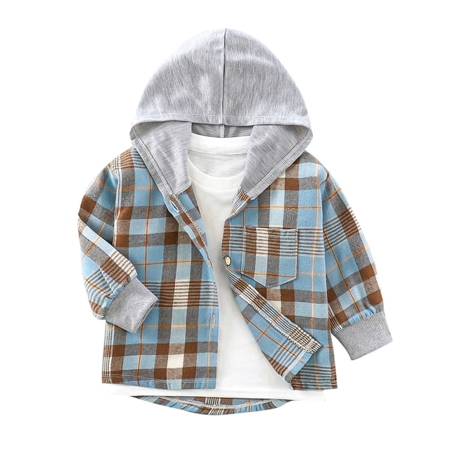 Long Sleeve Hooded Shirt for Kids, Checkered Button-Up Jacket with Colorful Pattern, Soft Polyester-Spandex Blend, Casual or Formal Wear, Ages 2–13