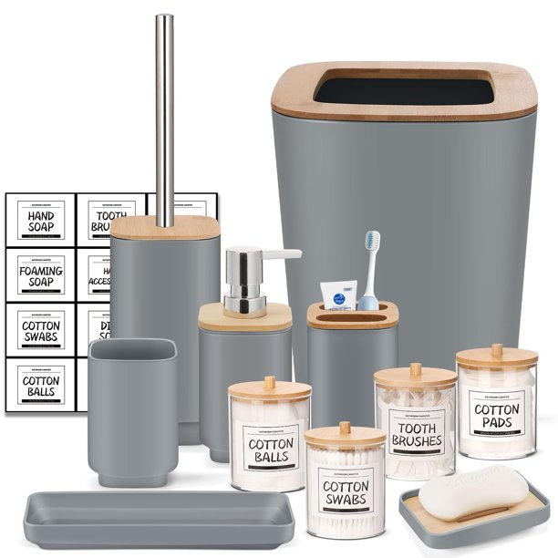 Imavo Juego De Baño Gris, 11 Piezas, Juego De Regalo De Plástico, Bandeja, 4 Soportes Qtip, Dispensador De Cepillo De Dientes, Taza, Dispensador De Jabón, Jabonera, Soporte Para Cepillo De Baño, Papel