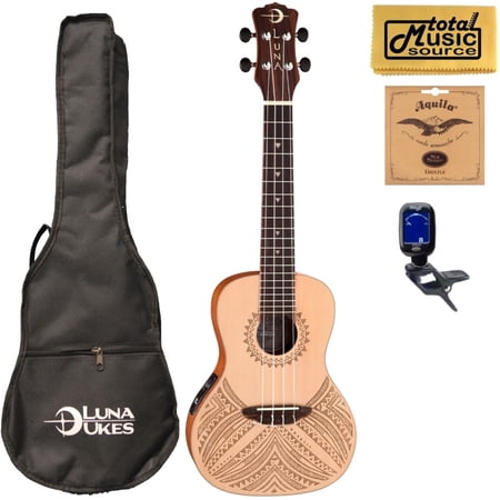 Luna UKE TAPA SPR Concert Solid Spruce A/E Ukulele, W/ Bag Bundle