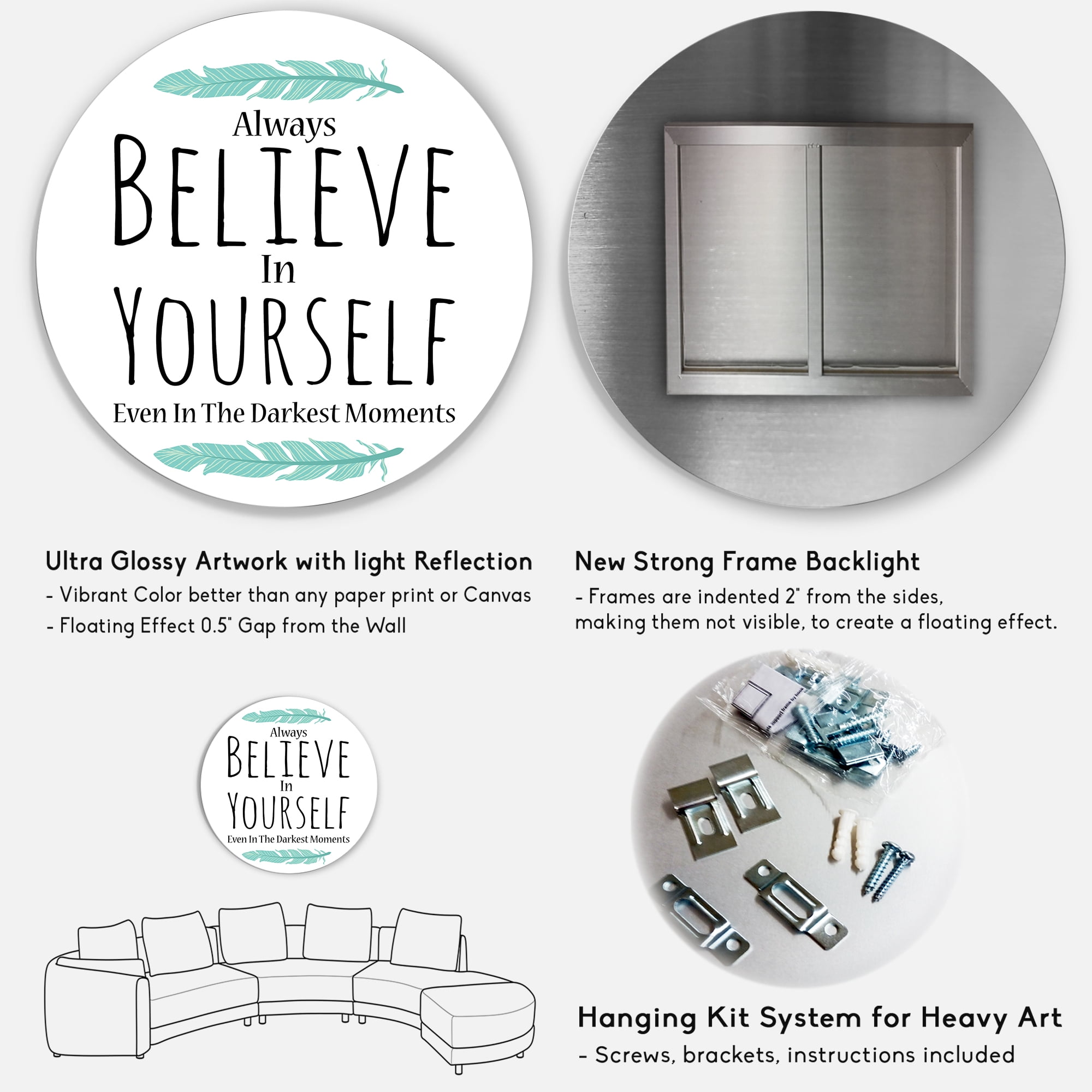 Designart 'Believe In Yourself Quote On White' Traditional Circle Metal Wall Art 36x36 - Disc of 36