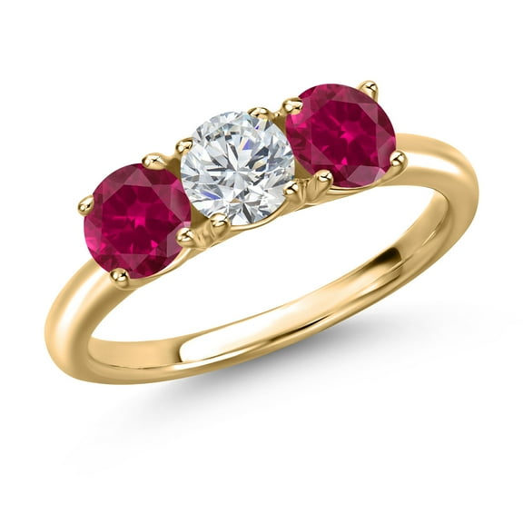 Gem Stone King 10K Yellow Gold Lab Grown Diamond and Red Created Ruby Engagement Ring for Women | 1.70 Cttw | Round 5MM | Gemstone April Birthstone | Size 7