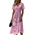 thumbnail image 2 of Minjewel Ladies Floral Casual Fashionable Short Sleeve V-Neck Dress for Spring Summer Women's Daily Casual Wear,Light pink,L, 2 of 6