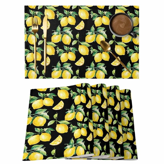 Lemon Black Placemats Set of 6, Country Fruit Watercolor Farmhouse Plant Placemats for Dining Table, Place Mats for Kitchen Tabletop, Waterproof Wipeable Dining Table Mats Set