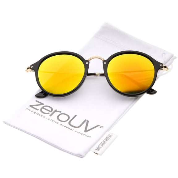 zeroUV Unisex Iconic Classic Thin Metal Temple Colored Mirror Lens Round Sunglasses 49mm (Black-Gold / Orange Mirror) - 49mm