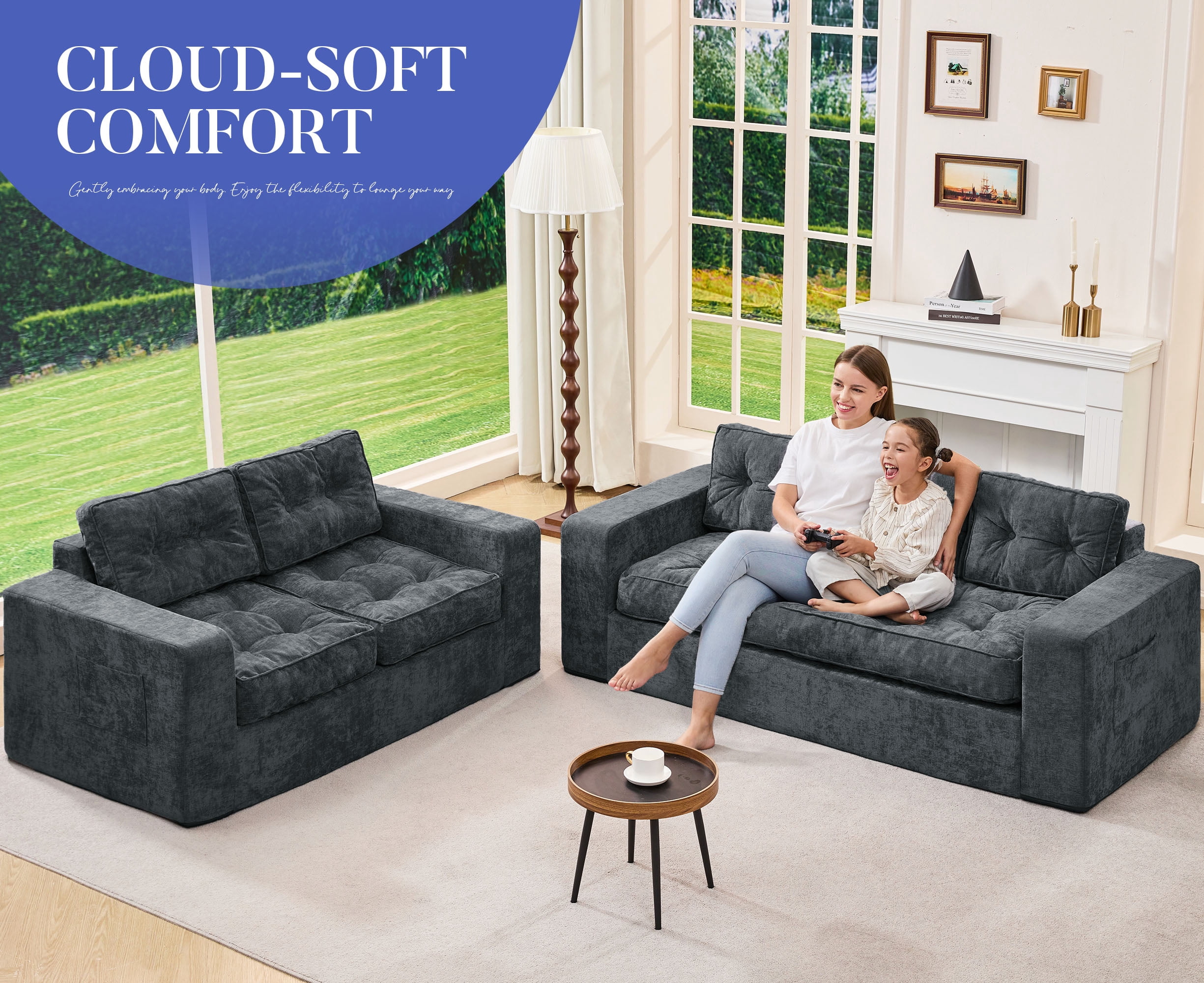 Hobestluk 3-Seater Sofa Boneless Couch with Tufted Button Design 2 in 1 Comfy Cloud Couch Oversized Sofa for Living Room Bedroom Apartment or Office (Blue Grey, 3 Seater)
