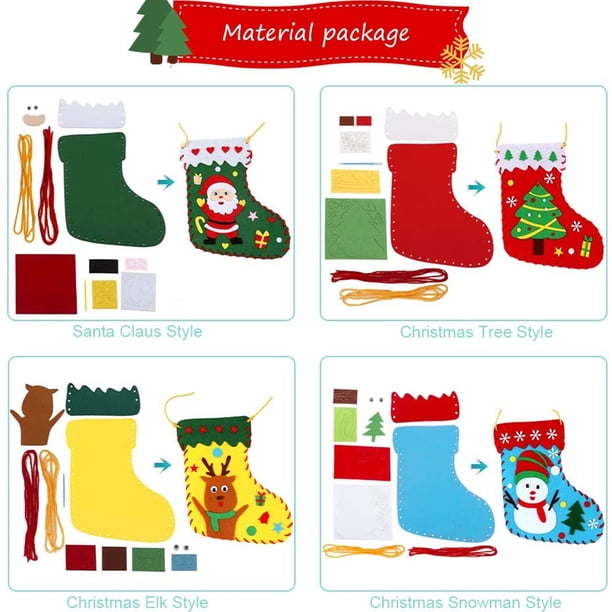 Kit de manualidades para bolsas navideñas, 4 kits, kit de manualidades para bolsas con forma de calcetín navideño, kit de costura para niños, decoración de bolsas de regalo de dulces DIY