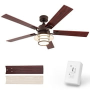 52" Farmhouse Indoor Ceiling Fan with LED Light, Reversible AC Motor, Wall Control, Walnut/Oak Reversible Blades and Oil Rubbed Bronze Finish