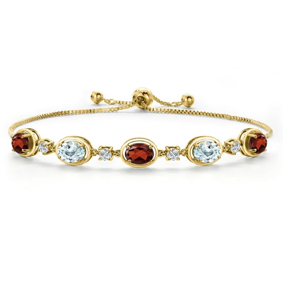 18K Yellow Gold Plated Silver Red Garnet and Sky Blue Aquamarine and Lab Grown Diamond Bracelet for Women | 4.51 Cttw | Gemstone January Birthstone | Oval 7X5MM | Fully Adjustable 9 inch