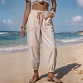 thumbnail image 2 of Womens Summer Striped Barrel Pants Comfy Drawstring Cropped Pant with Pockets Beach Vacation Elastic Waisted Trousers Beige L, 2 of 5