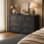 Aiho Extra-Wide 7-Drawer Wood Storage Dresser Chest, 47" Modern Cabinet Organizer with Safety Anti-Tip Hardware for Bedroom Living Room Hallway, Elegant Black Finish