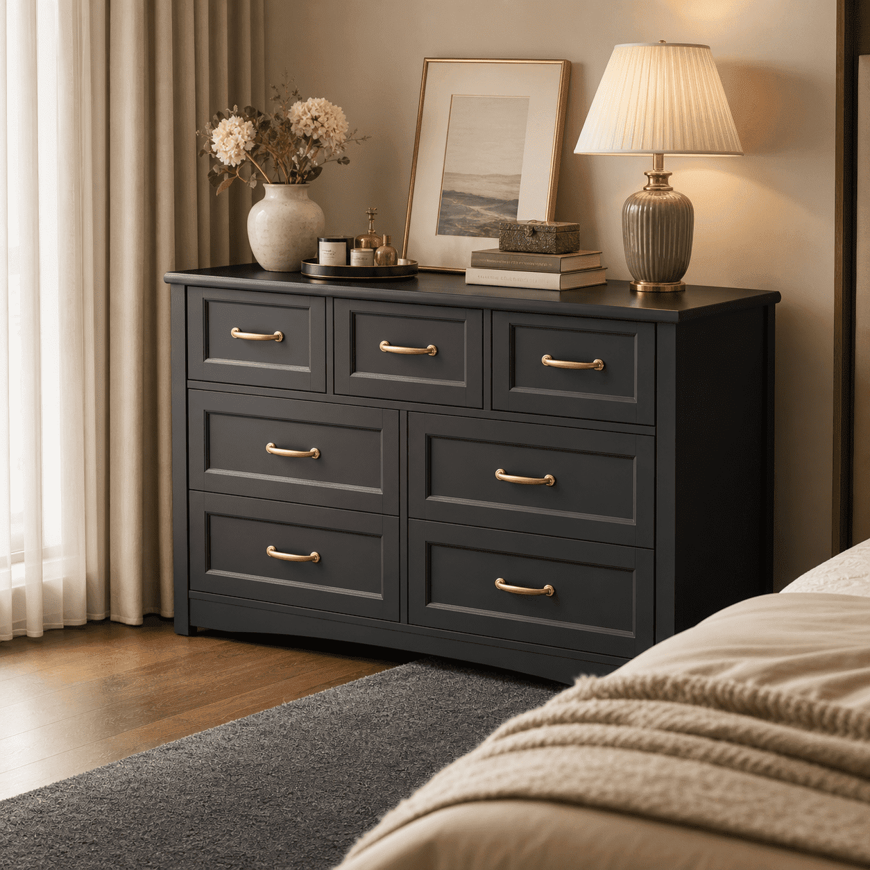 Aiho Extra-Wide 7-Drawer Wood Storage Dresser Chest, 47" Modern Cabinet Organizer with Safety Anti-Tip Hardware for Bedroom Living Room Hallway, Elegant Black Finish
