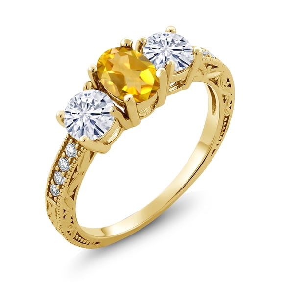 Gem Stone King 18K Yellow Gold Plated Silver 3-Stone Ring Citrine Moissanite(1.87 Cttw) (Size 6)