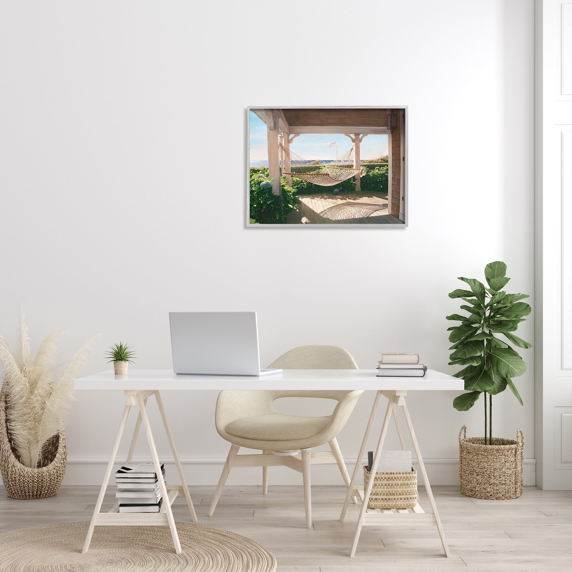 Stupell Industries Tranquil Hammock Warm Sunlit Porch Rural Garden Painting Gray Framed Art Print Wall Art, Design by Tom Mielko