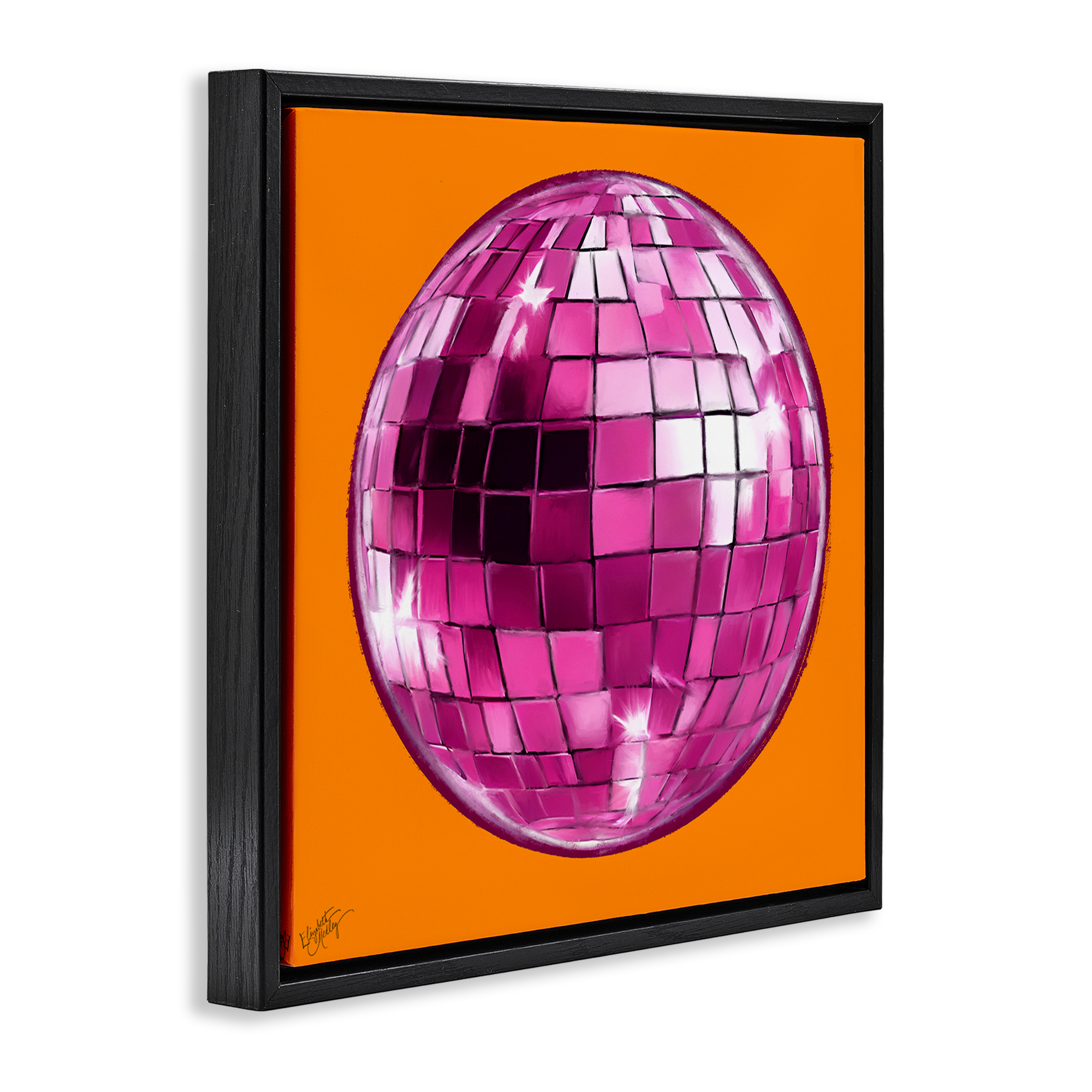 Stupell Industries Disco Ball on Orange Novelty & Humor Painting Black Floater Framed Canvas Art Print Wall Art, 25 x 25
