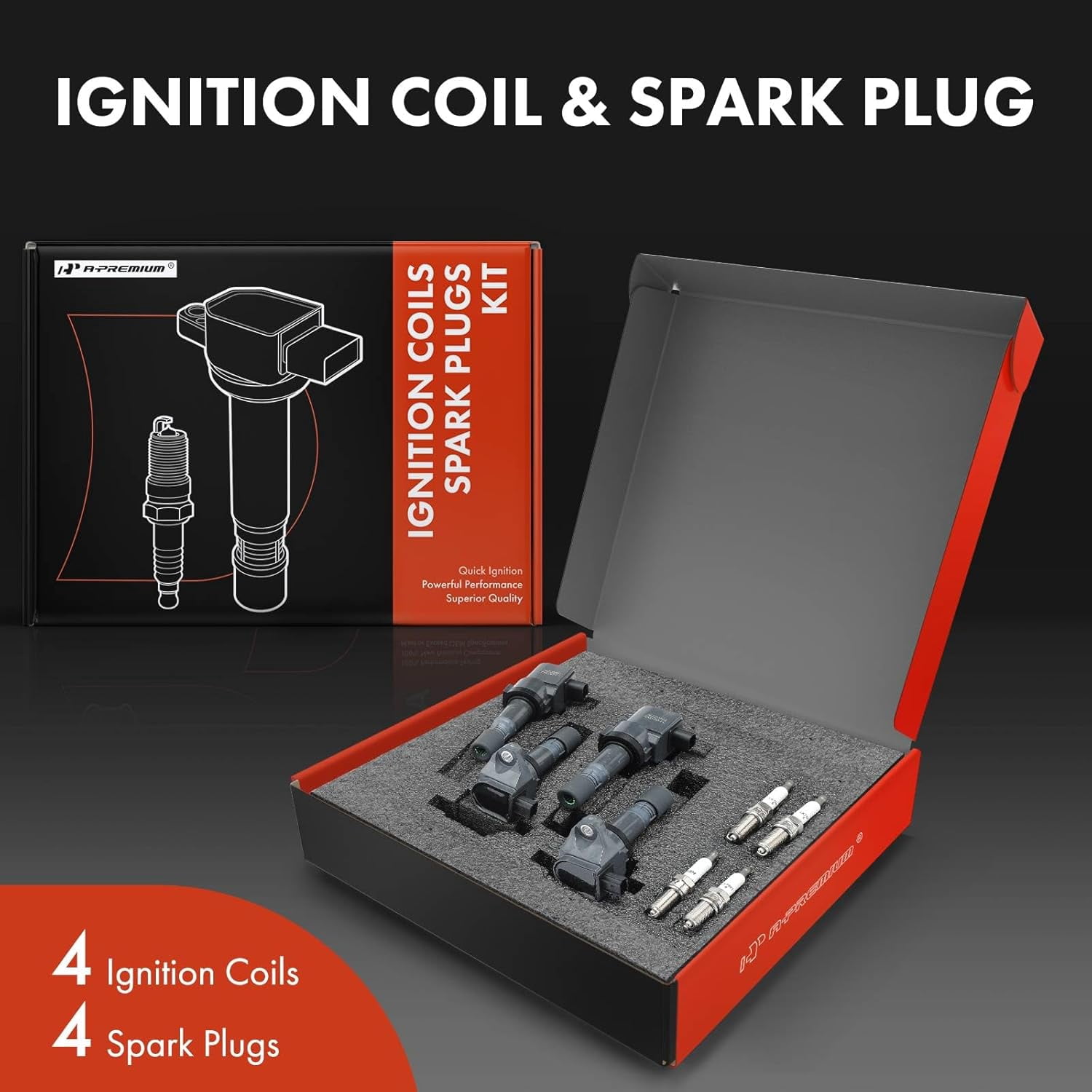A-Premium Set of 4 Ignition Coil Pack and Iridium Spark Plugs Compatible with Honda Civic 2012-2015 1.8L & Acura ILX 2013-2015 2.0L, Replace# 30520R1AA01, NGK97390