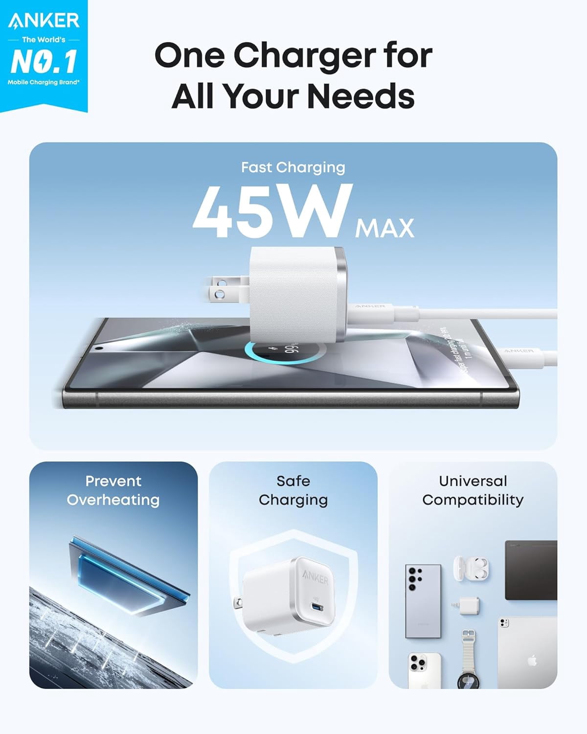 Anker Nano Charger, 45W Fast Charging, Compact and Foldable Plug USB C Charger Block Compatible for iPhone 17 Series, MacBook, Pixel 9, iPad, Samsung Galaxy S25 Ultra Series (6 ft Cable Included)