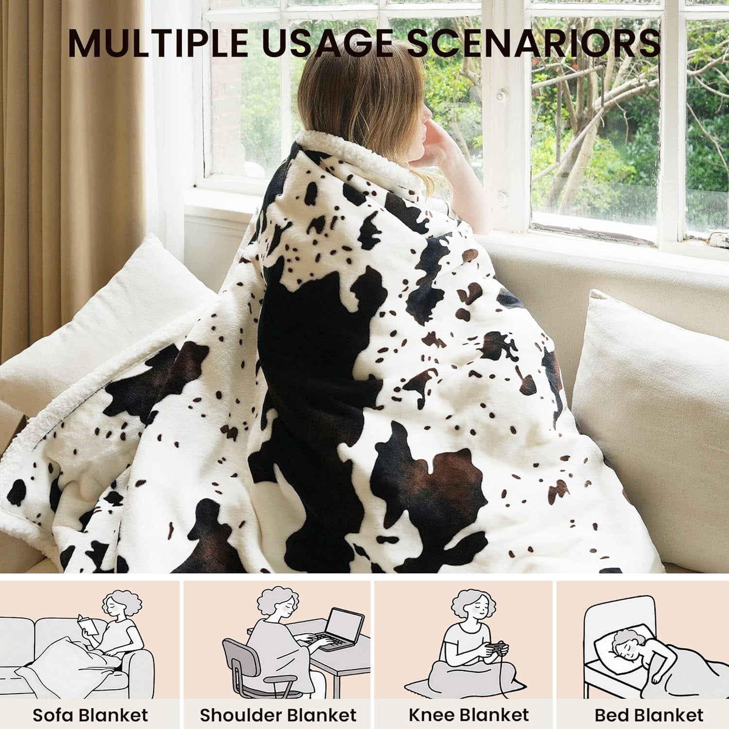 Cow Print Heated Throw Blanket Electric Blanket-Heating Blanket Throw with 10 Heat Levels & 10 Hours Auto Off, Cozy Soft Fleece Sherpa, Washable, 50 x 60 Inches Cow Print White