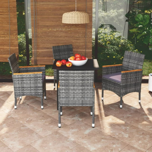 vidaXL 5 Piece Garden Dining Set with Cushions Poly Rattan Grey
